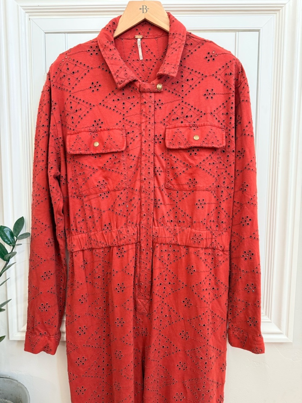Free People Set The Tone Jumpsuit - Rust Orange Eyelet Long Sleeve - Size 6 - Picture 2 of 5